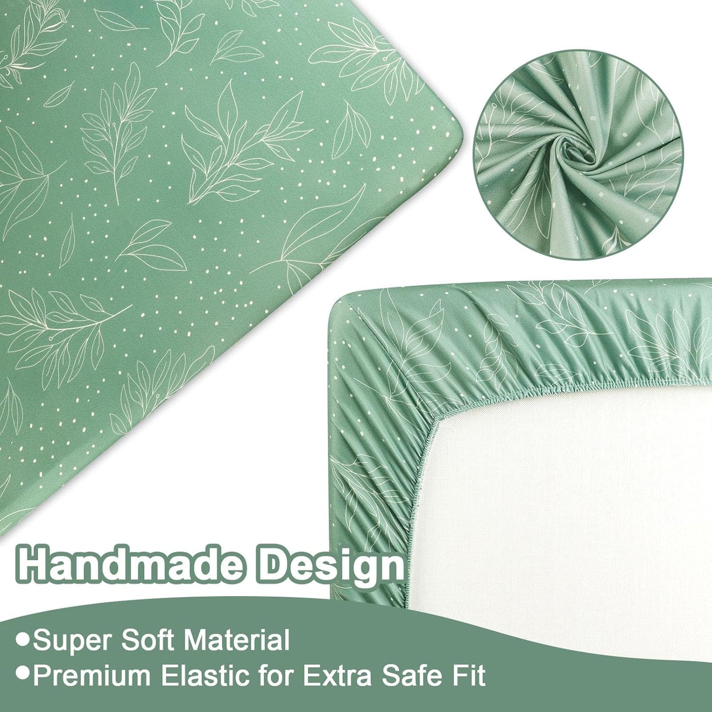 Green Leaf Crib Bedding Set, 4-Piece Baby Boy Bedding Set, Neutral Nursery Bedding Set, Fitted Crib Sheet, Crib Skirt, Baby Quilt, and Diaper Stacker, Sage