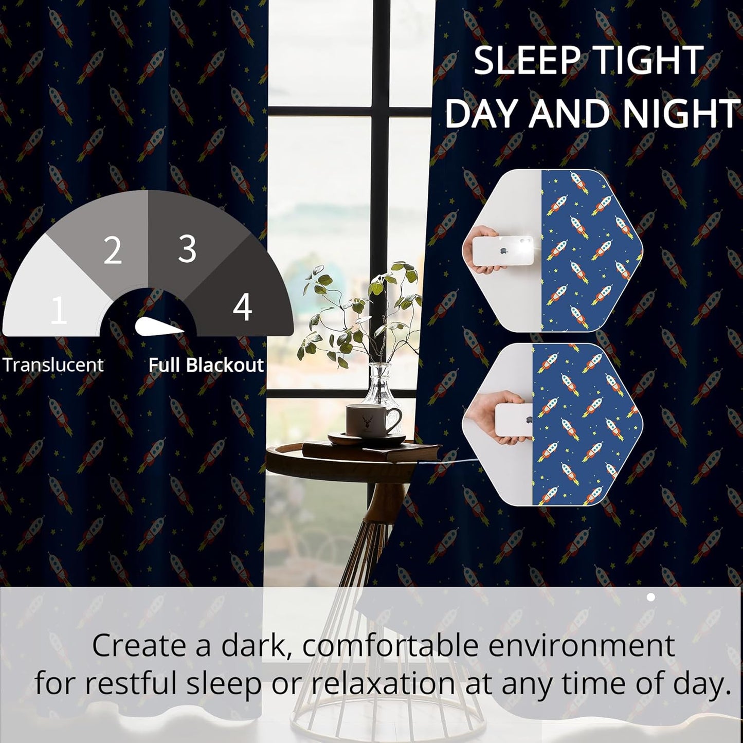 Kids Space Rocket Blackout Curtains - 100% Blackout, Thermal Insulated, Noise Reducing, Perfect for Kids Room and Nursery, 2 Panels (Rocket Blast-Off Repeat, W52×L84)