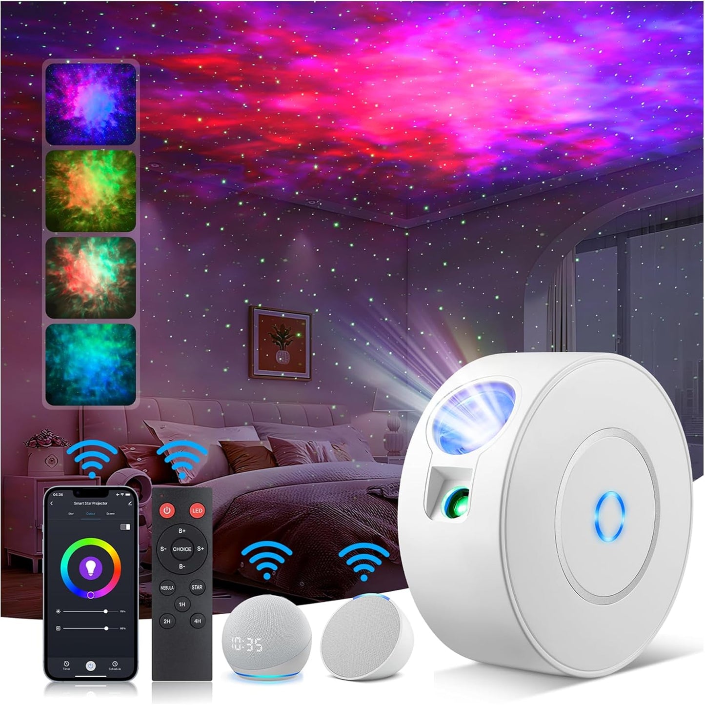 Laser Safety Certified Starry Sky Projector, 3+1 Control Modes 16M Color Adjustable Nebula via Mobile App, 900 Sq.ft Coverage, 4 Custom Scenes, 25dB Silent Operation with 4 Positioning Angles