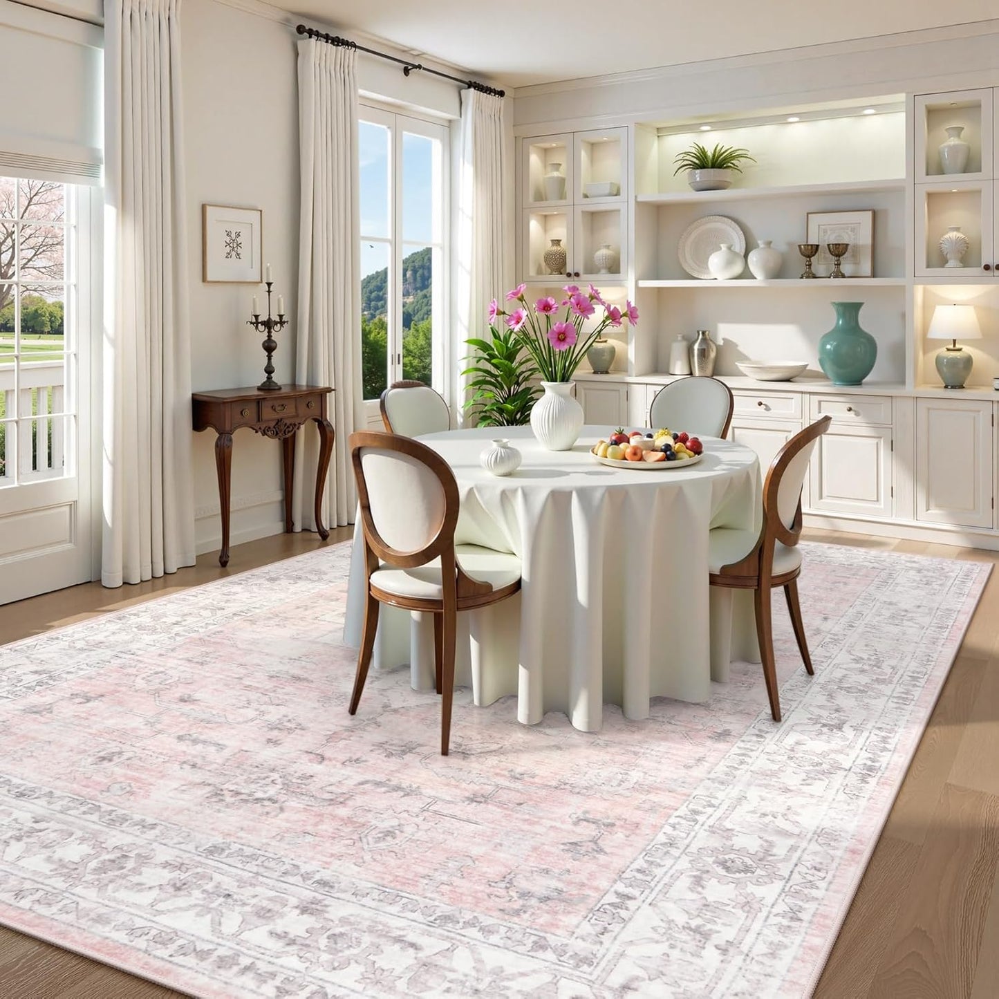 LIVEBOX Pink 10x14 Area Rug for Bedroom Girls, Boho Washable Rugs for Living Room Nursery, Non-Slip Indoor Soft Carpet Low-Pile Farmhouse Carpets for Dining Room Kids Playroom, Pink
