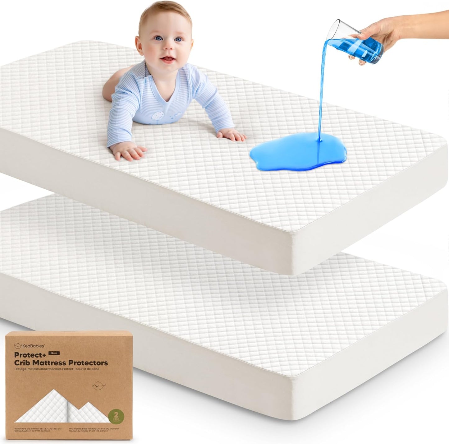 Waterproof Crib Mattress Protector Cover Fitted - 2-Pack Quiet Baby Crib Mattress Pad Sheets, 52" x 28" Soft Quilted Cotton Baby Sheet, Machine Washable, Easy Fit, Durable (Soft White/Quin)