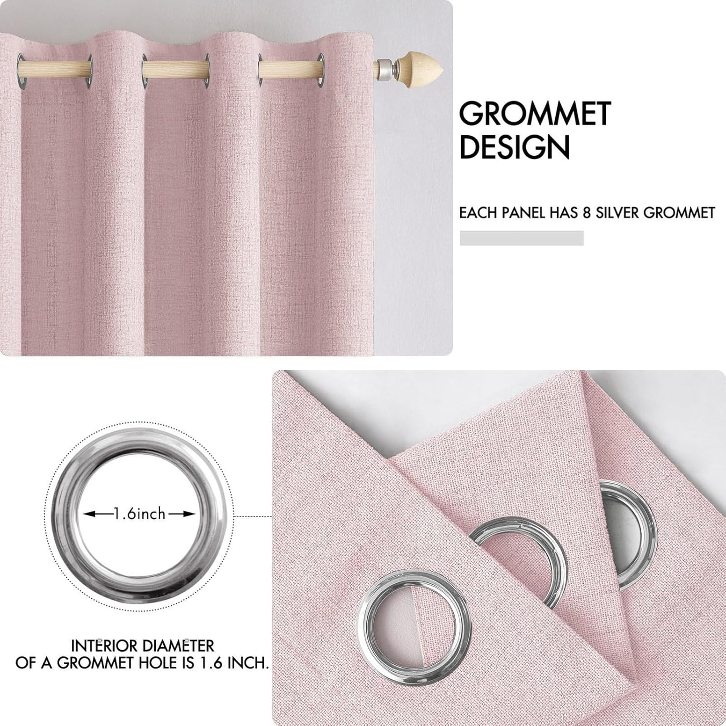 MIULEE Linen Texture Curtains for Bedroom Solid 100% Blackout Thermal Insulated Pink Curtains Grommet Room Darkening Drapes for Living Room Nursery 52x96 Inch (2 Panels)