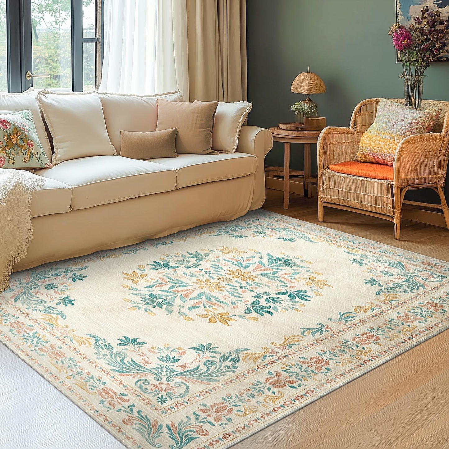 jinchan Floral 5x7 Area Rugs for Nursery - Machine Washable Vintage Distressed Design Soft Ultra-Thin Low-Pile Non-Slip Kids Carpet for Bedroom Living Room Dining Room Home Office (5x7ft,Apricot)