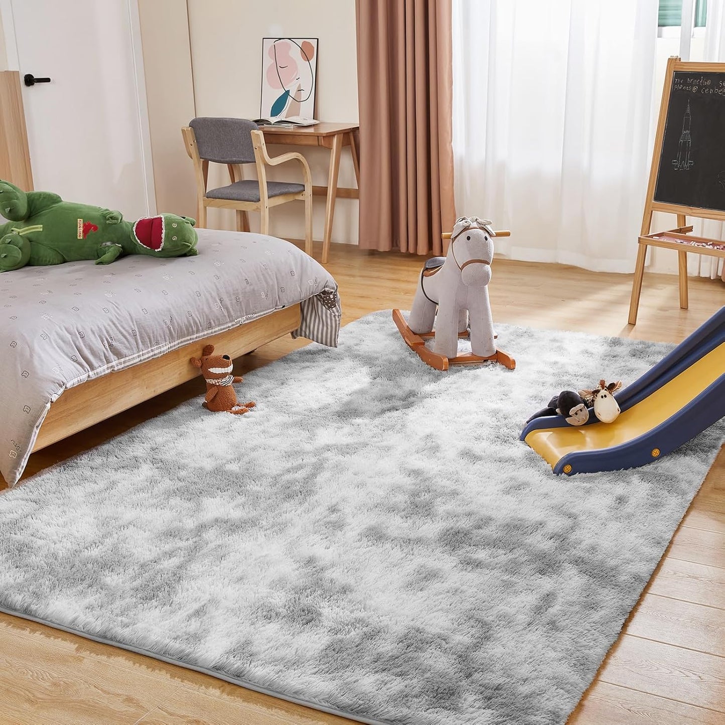 Fluffy Shag Area Rug, 4x6 Tie-Dyed Light Grey Rugs for Bedroom, Soft Plush Area Rugs for Living Room, Non-Slip Indoor Carpet for Nursery, Study Room, Dressing Room, Home Decor
