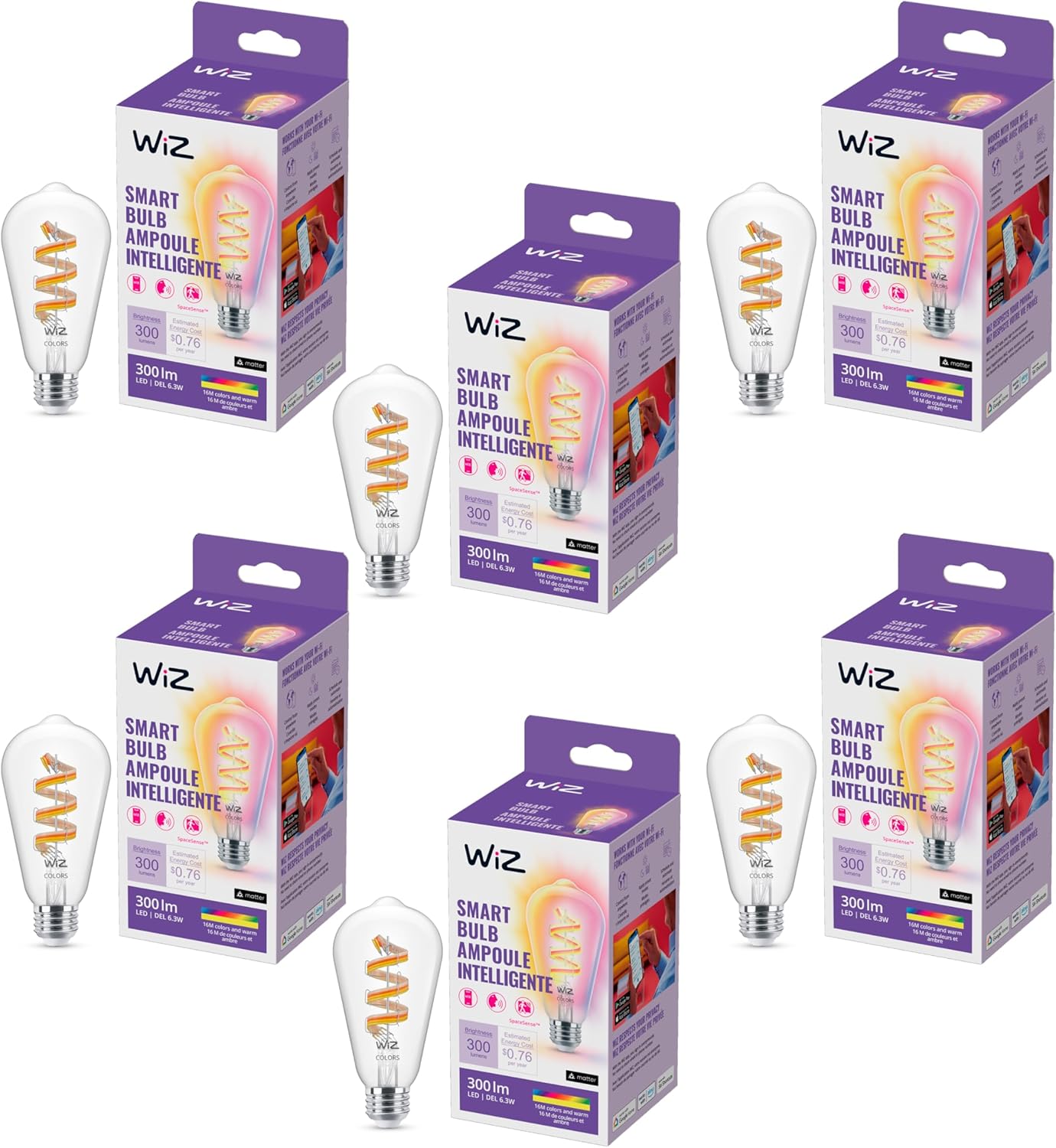WiZ Color ST19 Color Filament LED Smart Bulb - Pack of 6-300 Lumen - E26 Indoor - Connects to Your Existing Wi-Fi - Control with Voice or App + Activate with Motion - Matter Compatible.