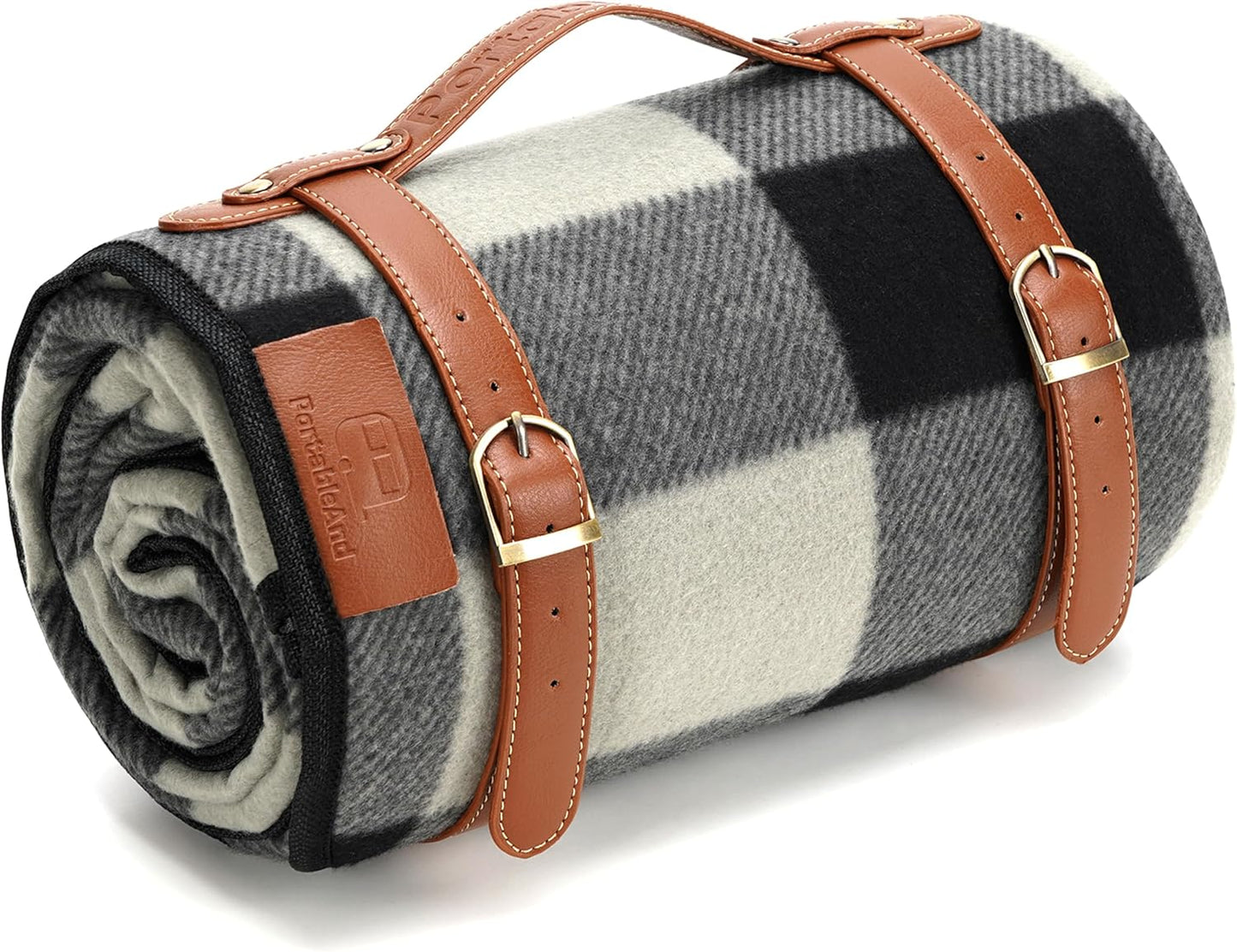 PortableAnd Picnic Blankets, 3 Layer Soft Fleece Blanket for Beach,Camping on Grass, Waterproof, Sandproof, Best Gift for Couple & Families, Black and Gray Checkered