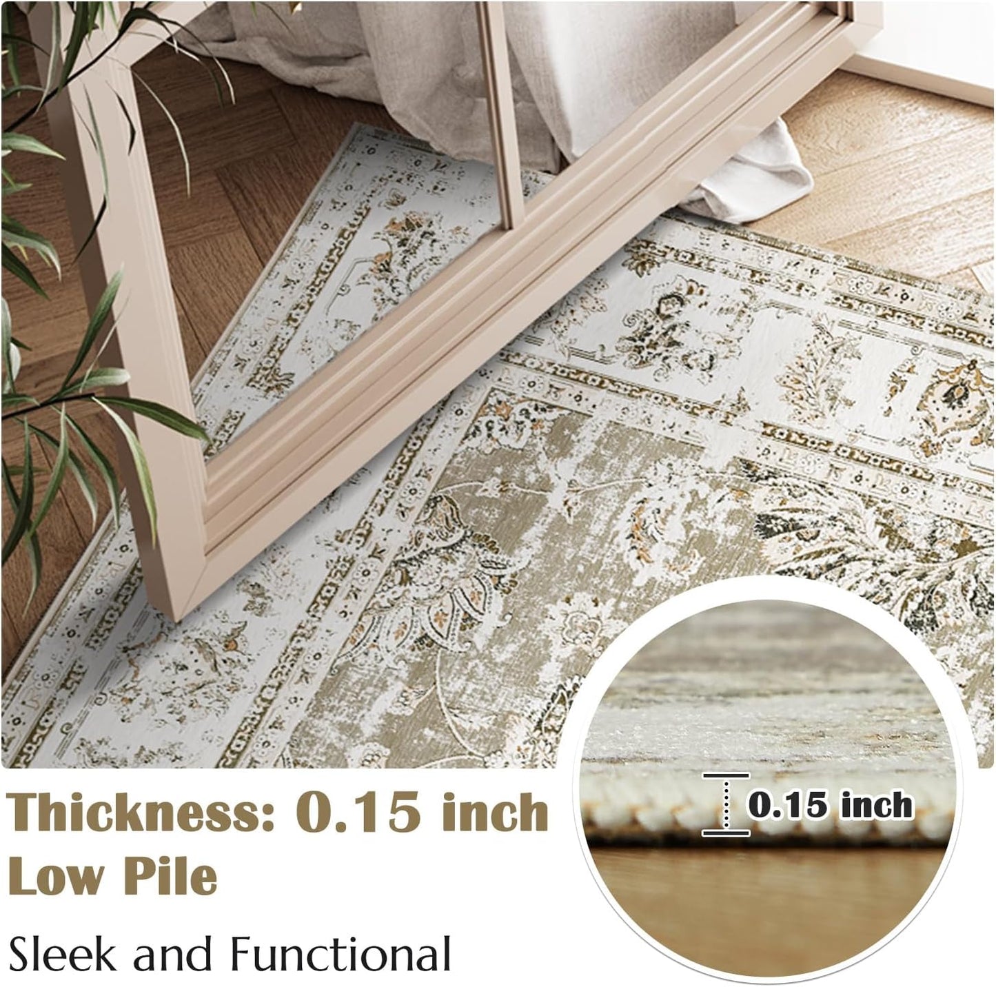 jinchan Long Hallway Runner Rug 2x12 Machine Washable Runner Rug Taupe Vintage Floral Design Non-Slip Ultra-Thin for Kitchen Laundry Room Bedroom Farmhouse (2‘x12',Taupe)