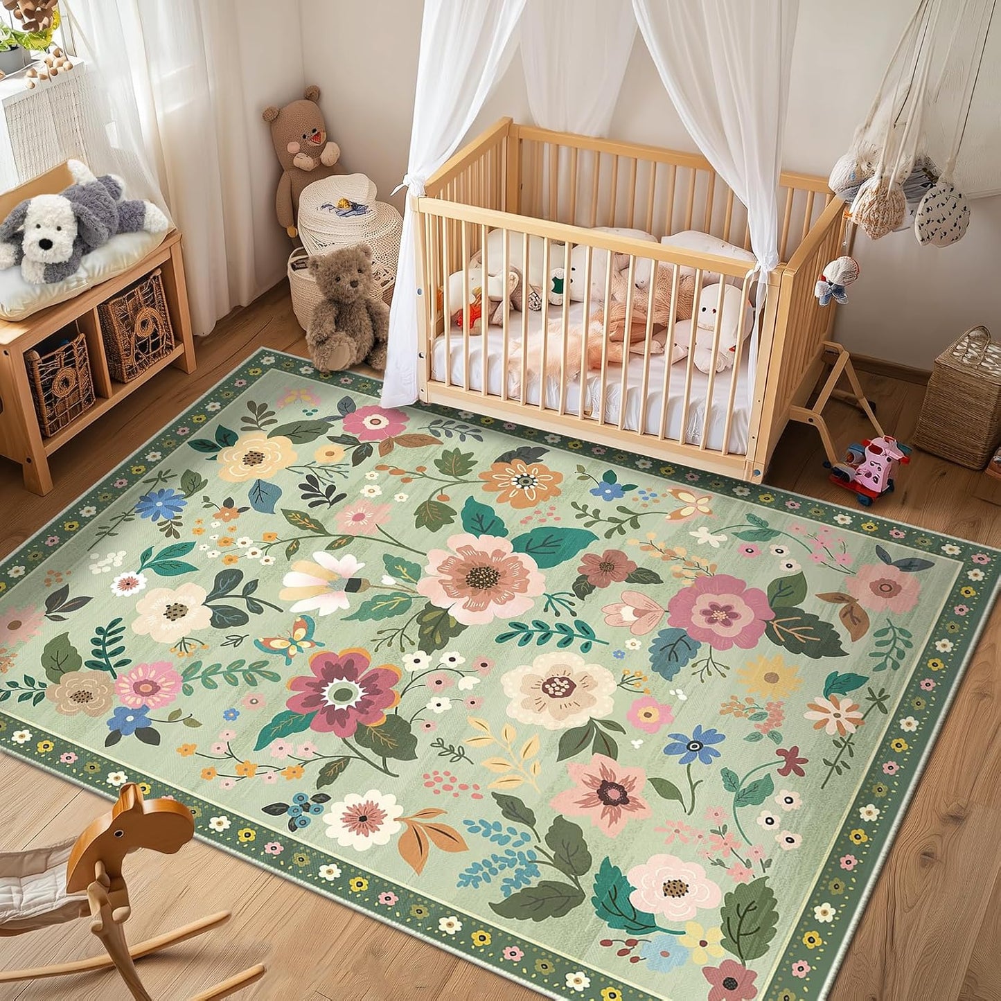 Floral 5x7 Area Rug Machine Washable Soft Print Boho Carpet Non Slip Doormat Low Pile Flower Area Rugs for Living Room Bedroom Nursery Kitchen Dining Room Indoor-Light Green