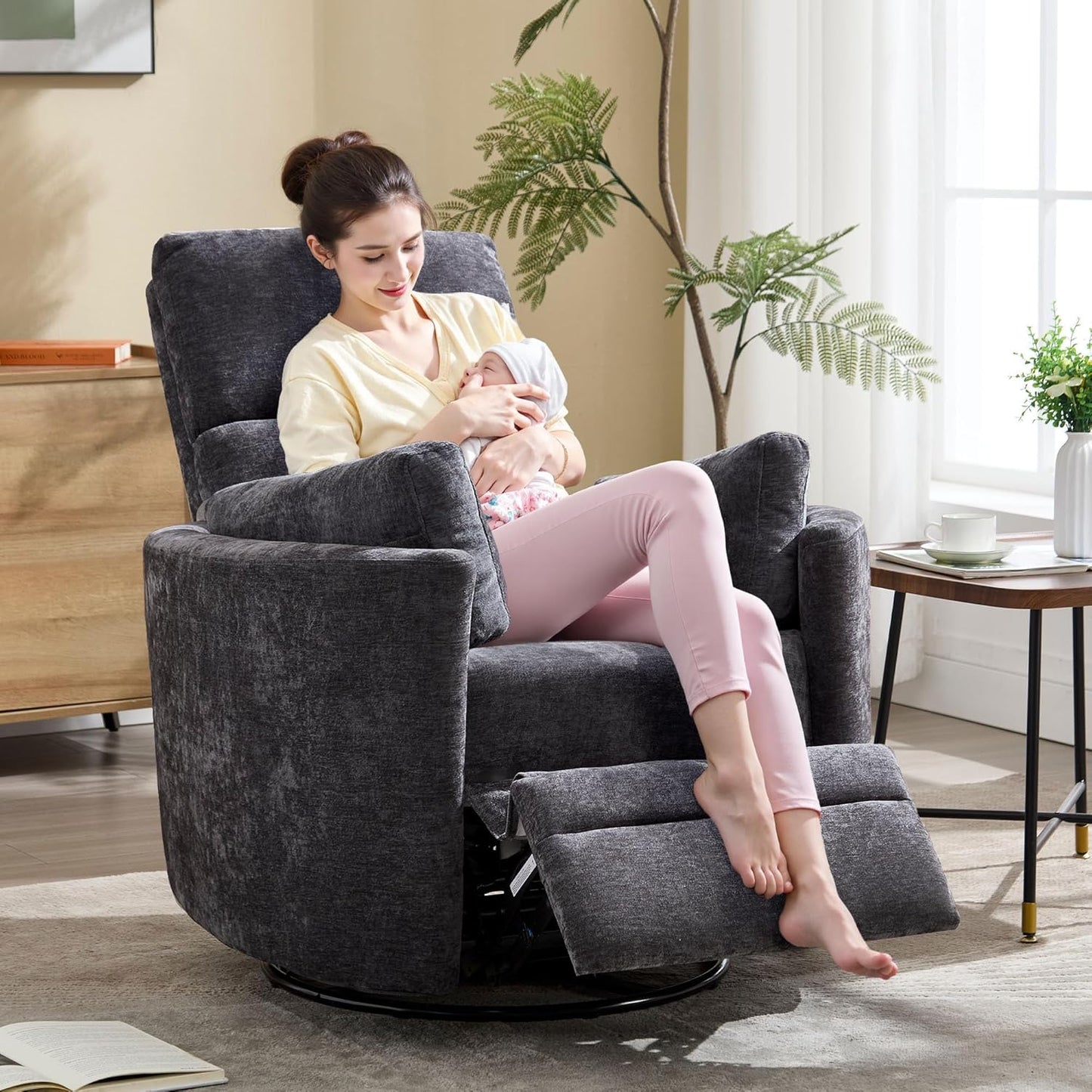 Recliner 360°Swivel Glider Rocking Chair,Upholstered Nursery Multifunction Rocking Chair with High Back, Adult Recliner Chair with 2 Pillows for Living Room Bedroom(DRAKGREY, Manual Operation)