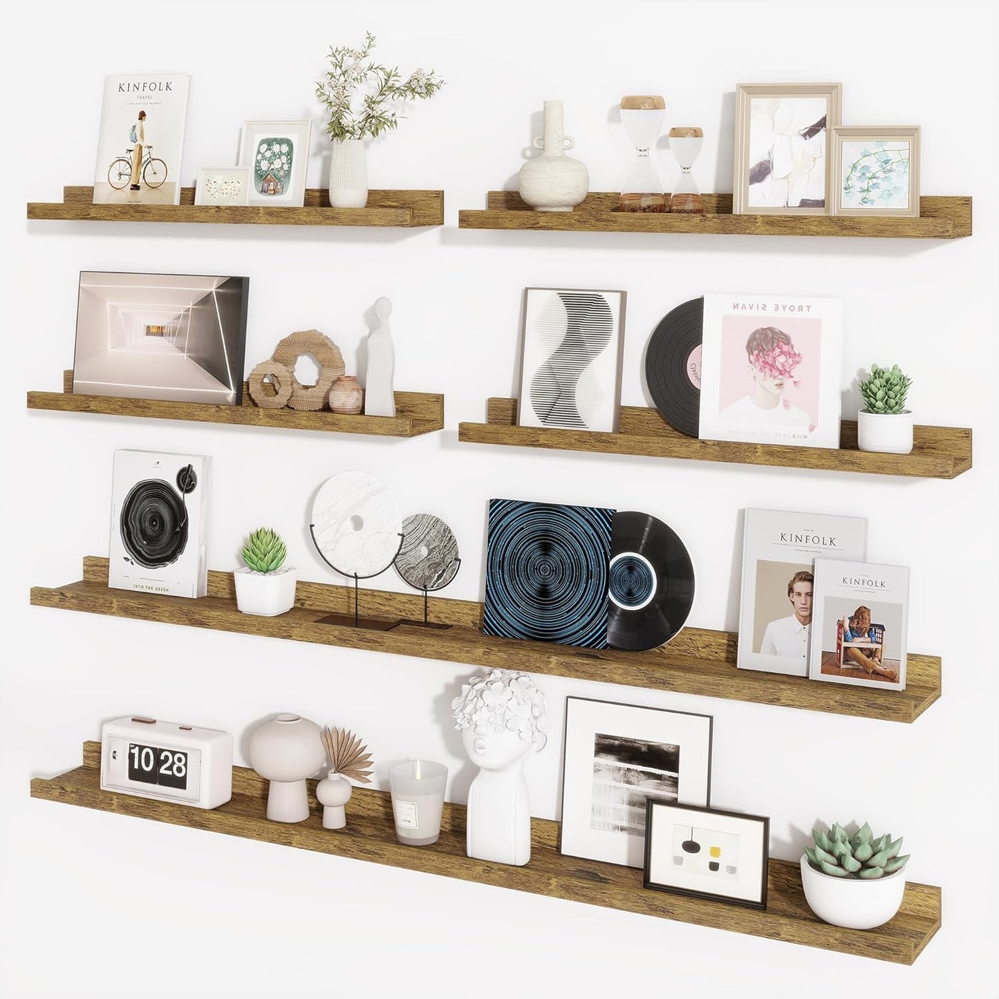 Axeman Picture Ledge Shelf, Floating Shelves for Wall Decor Set of 6, 55 inch Floating Wall Mounted Shelves, Shelves with Lip for Living Room, Bedroom, Nursery, Bathroom, Kitchen, Rustic Brown