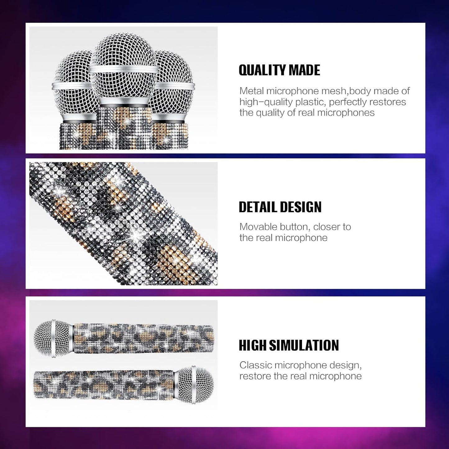 Sanwuta Fake Microphone Prop Sparkly Bling Rhinestones Plastic Play Microphone Pretend Glitter Bedazzled Mic for Cosplay Party Costume(Leopard)