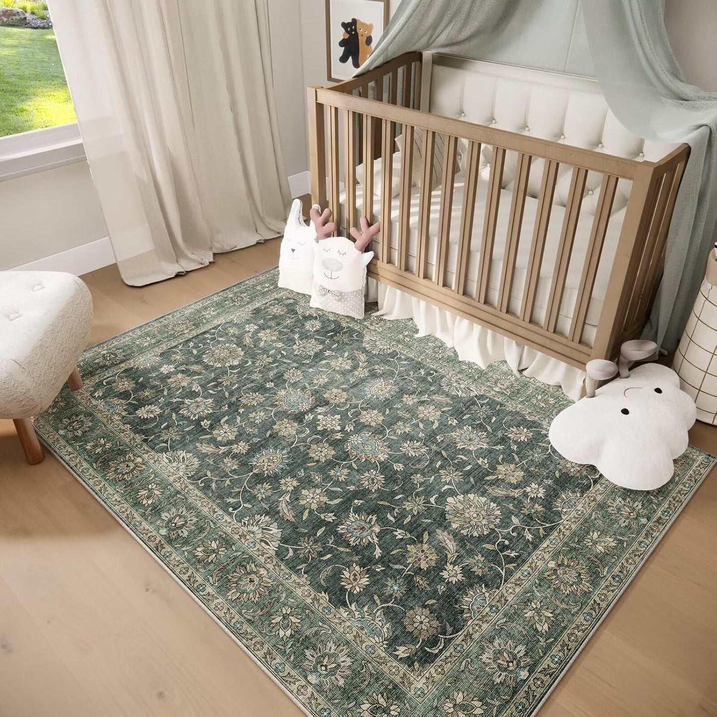Washable 5x7 Area Rugs for Living Room, Boho Non-Slip Silicone Backing Rugs for Bedroom Dining Room Nursery Office, 0.3" Neutral Oriental Throw Carpet with 0.16" Cushioning Pad, Sage Green/Multi