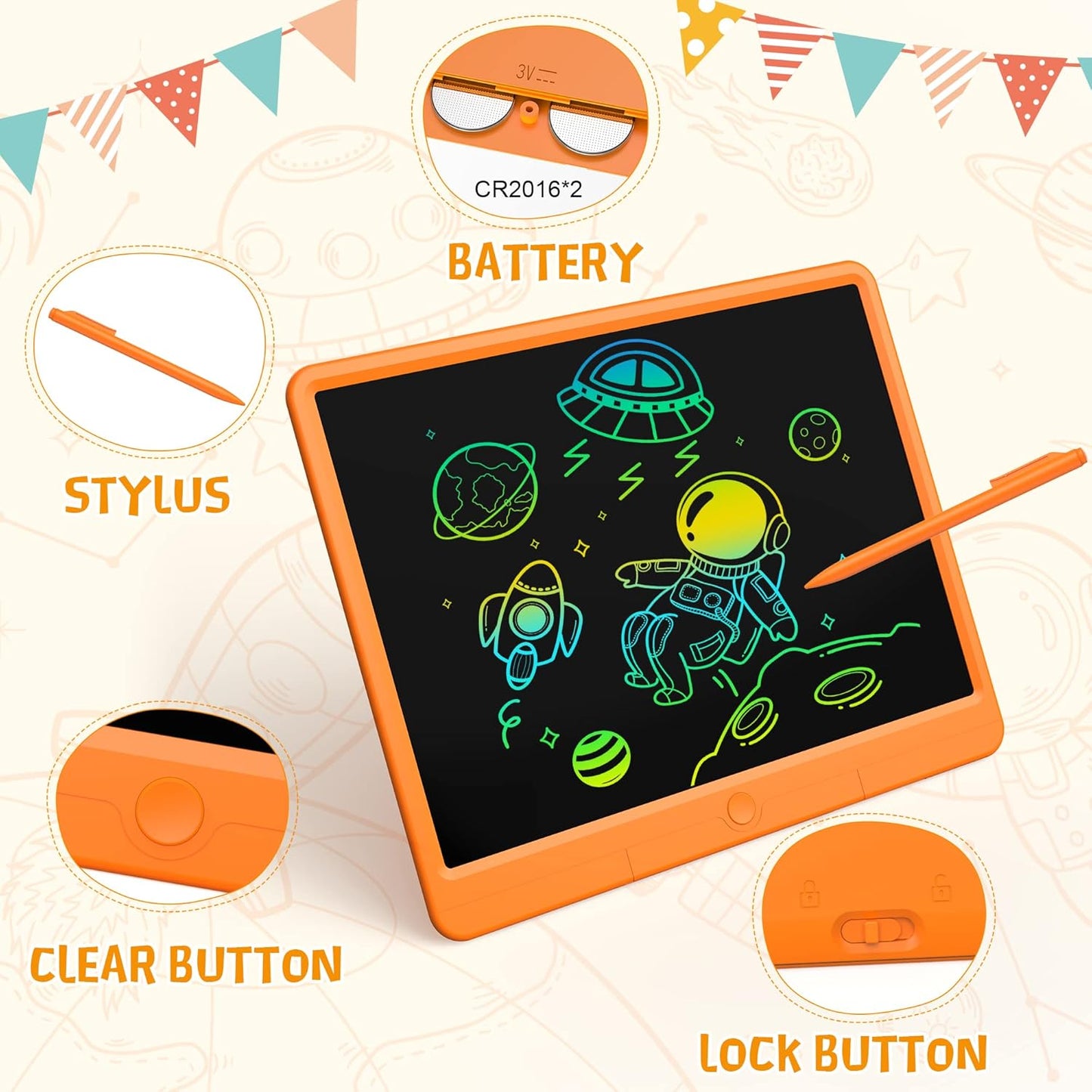 GIGART LCD Writing Tablet 15 Inch Drawing Tablet Magic Doodle Board Drawing Pad, Electronic Writing Board, Educational Toys Gifts for Kids and Adults at Home,School and Office（Orange）