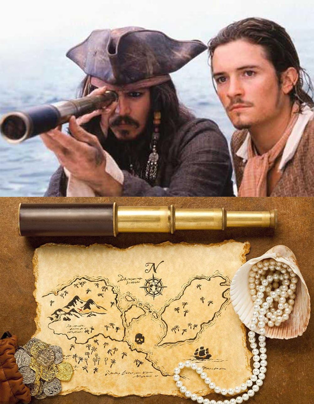 Retro Pirate Telescope Zoomable 25x30 Spyglass Portable Collapsible Handheld Telescope Vintage Monocular for Kids & Survival Gear Compass Pocket Military Compass for Camping Boating
