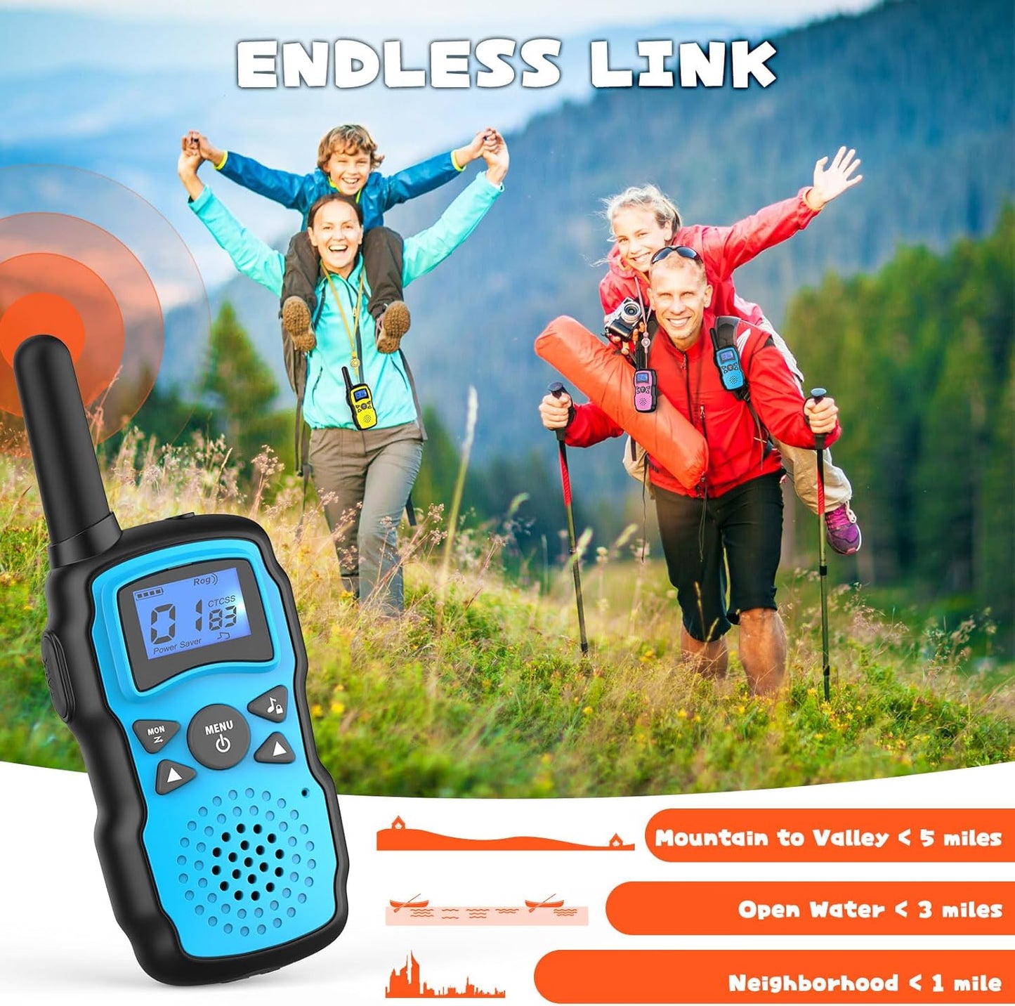 Wishouse Walkie Talkies for Kids Rechargeable with USB Charger 6000mAh Battery,Outdoor Camping Games with Flashlight Lanyard,Toys for Girls,Halloween Xmas Birthday Gift for Children 2 Pack Blue