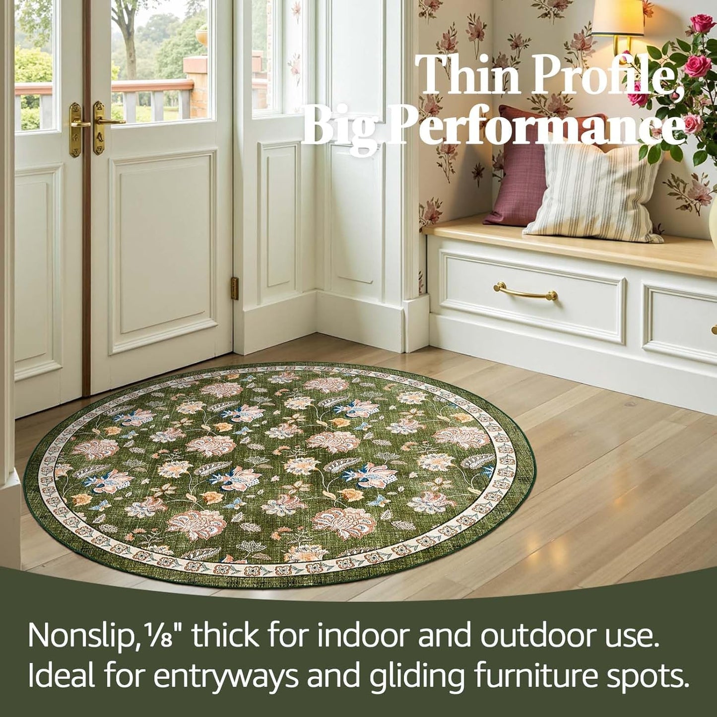 jinchan 4ft Floral Round Rug for Entryway Washable Kitchen Rug Vintage Romance Design Non Slip Indoor Doormat Lightweight Low-Profile Throw Carpet for Living Room Dining Room Bedroom, Green