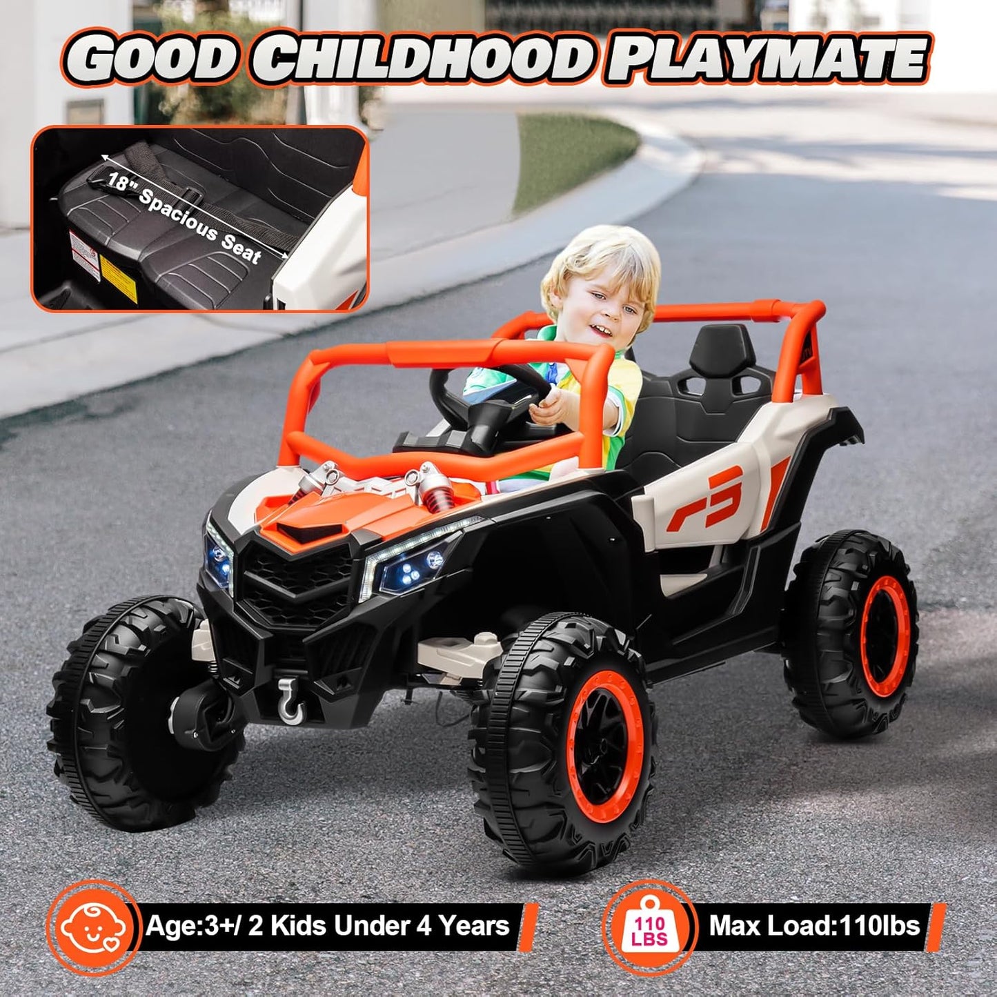 Electric Car for Kids, JOYRACER 24V Ride on Car Battery Powered Off-Road UTV w/Remote Control, 3 Speeds, 4x150W Powerful Motors, 18" Seat, Bluetooth, MP3, Electric Vehicles with Big Pull Bow
