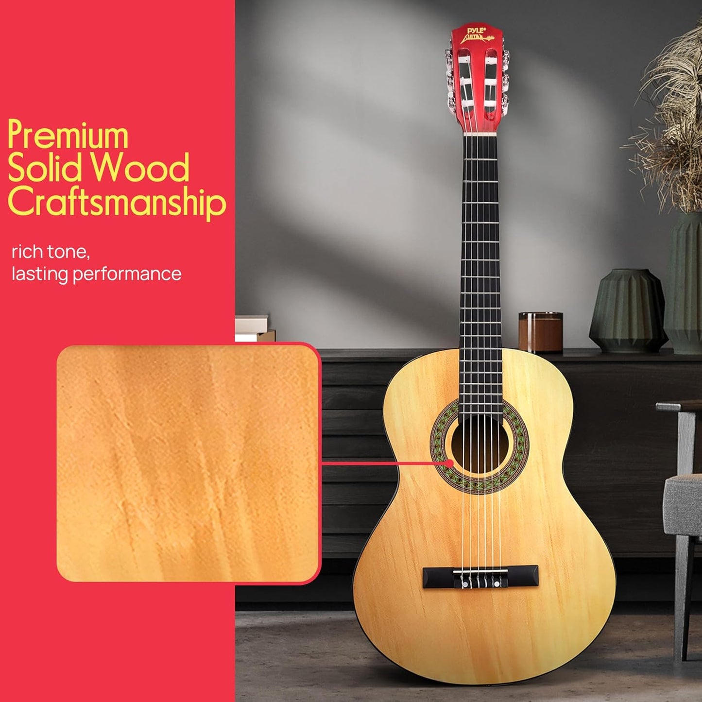 Pyle 30” Classical Acoustic 6 String Linden Traditional Style Guitar w/Wood Fretboard, Case Bag, Nylon Strap, Tuner, 3 Picks-for Beginner, Children Use, Right Handed, (PGAKT30)