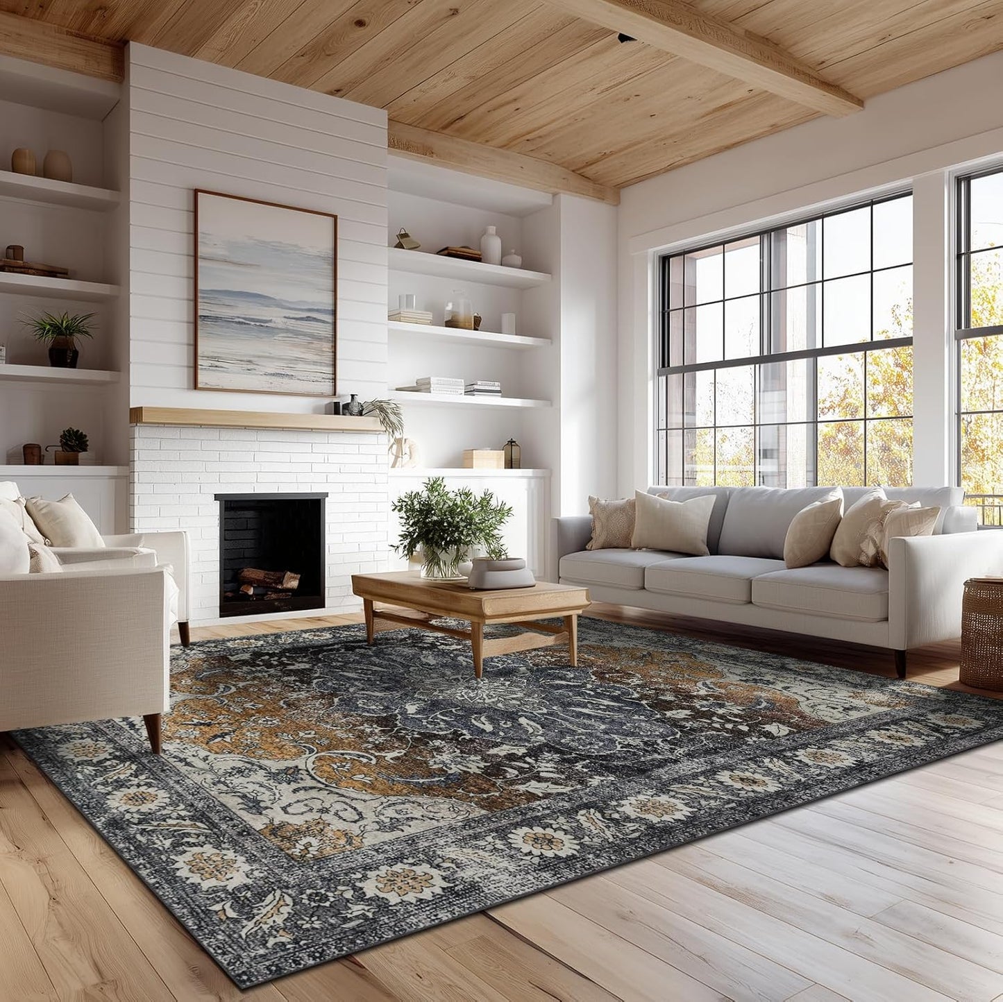 Washable 6x9 Area Rug for Living Room, Carpet for Bedroom Dining Room, Non Slip&Non-Shedding Resistant Low Pile Vintage Print Rug for Home Office (Tan/Gray)