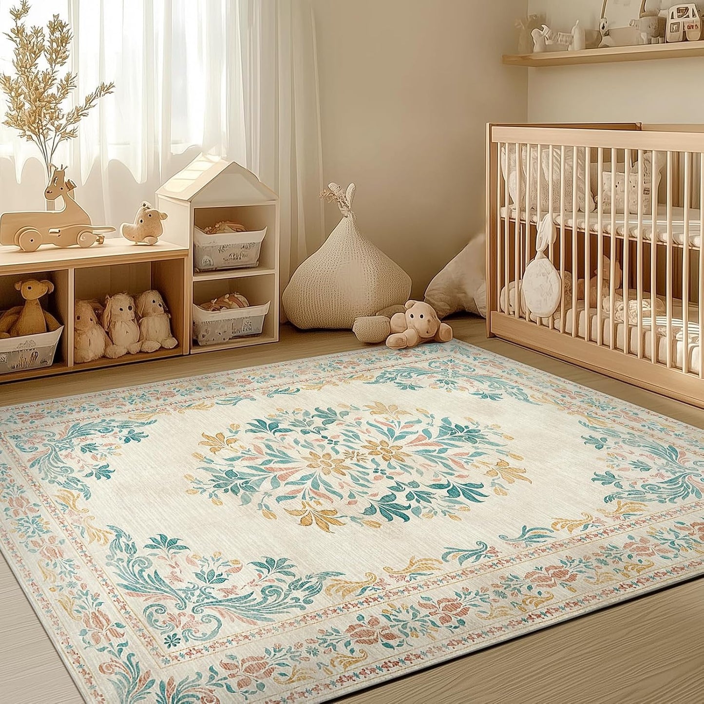 jinchan Vintage Floral 6x9 Area Rugs for Living Room - Machine Washable Distressed Design Soft Throw Rug Ultra-Thin Non-Slip Large Carpet for Bedroom Nursery Dining Room Home Office (6x9ft,Apricot)