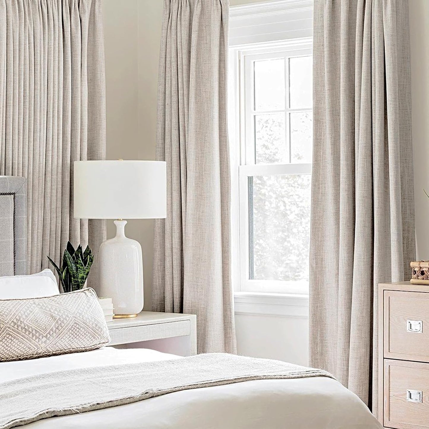 MIULEE 100% Blackout Linen Textured Curtains for Bedroom Solid Thermal Insulated Ivory Grommet Room Darkening Curtains & Drapes Luxury Decor for Living Room Nursery 52 x 96 Inch (2 Panels)
