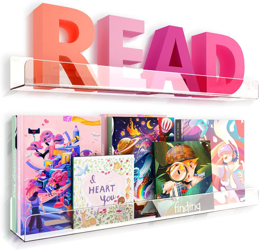 24 inches Wall Mounted Kids Bookshelf, Clear Acrylic Display Book Shelves for Kids Room Nursery Toddler Classroom 2 Packs