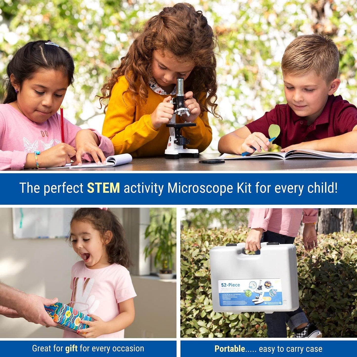 AmScope 120X-1200X 52-pcs Beginner Microscope STEM Kit with Metal Body Microscope, Plastic Slides, LED Light and Carrying Box (M30-ABS-KT2-W),White