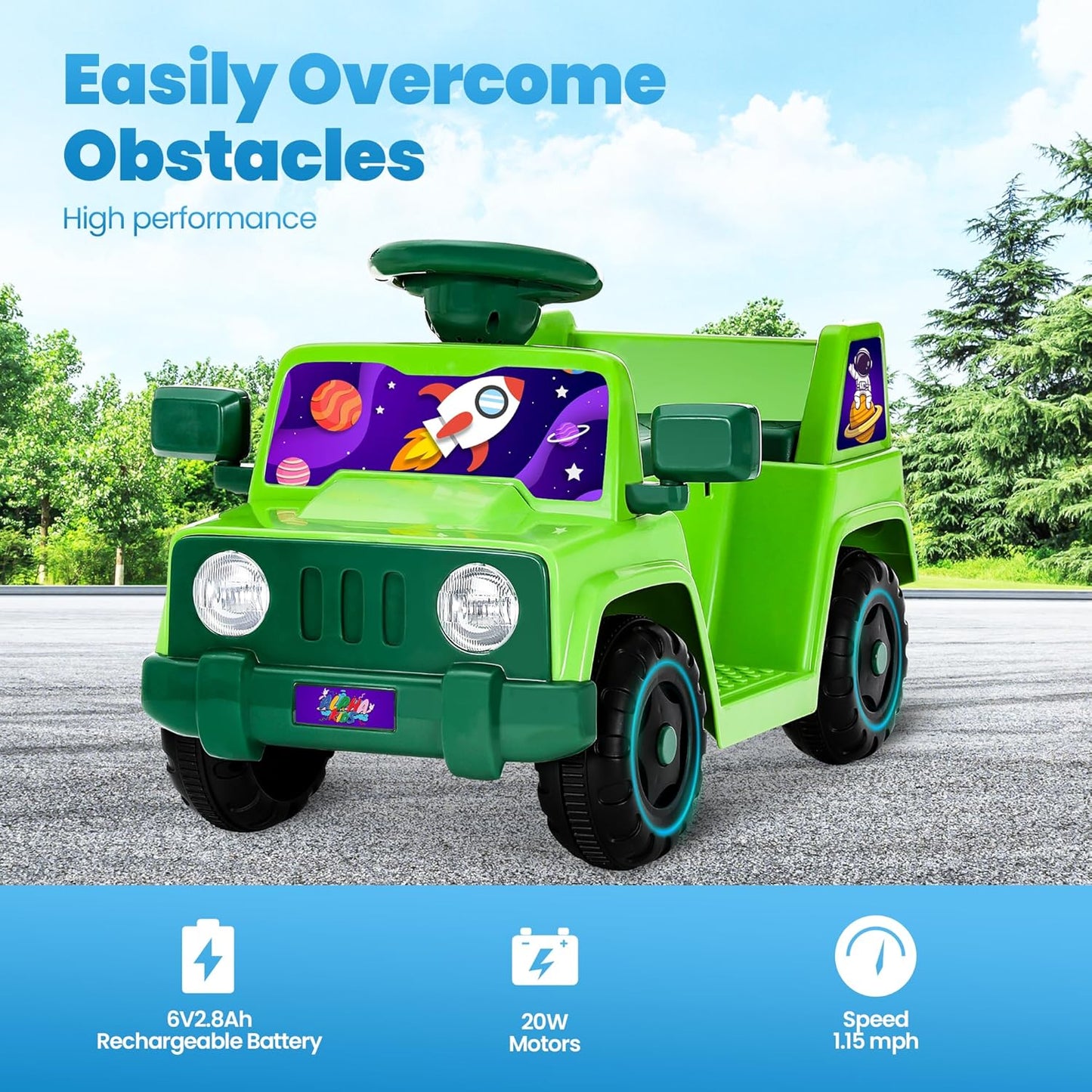 6V Toddler Ride On Car Interactive Electric Car with Horn LED Front Light Rear Storage Stellar Galaxy Theme Perfect for Boys & Girls 18+ Months Safe & Fun for Little Explorers(Green Space)