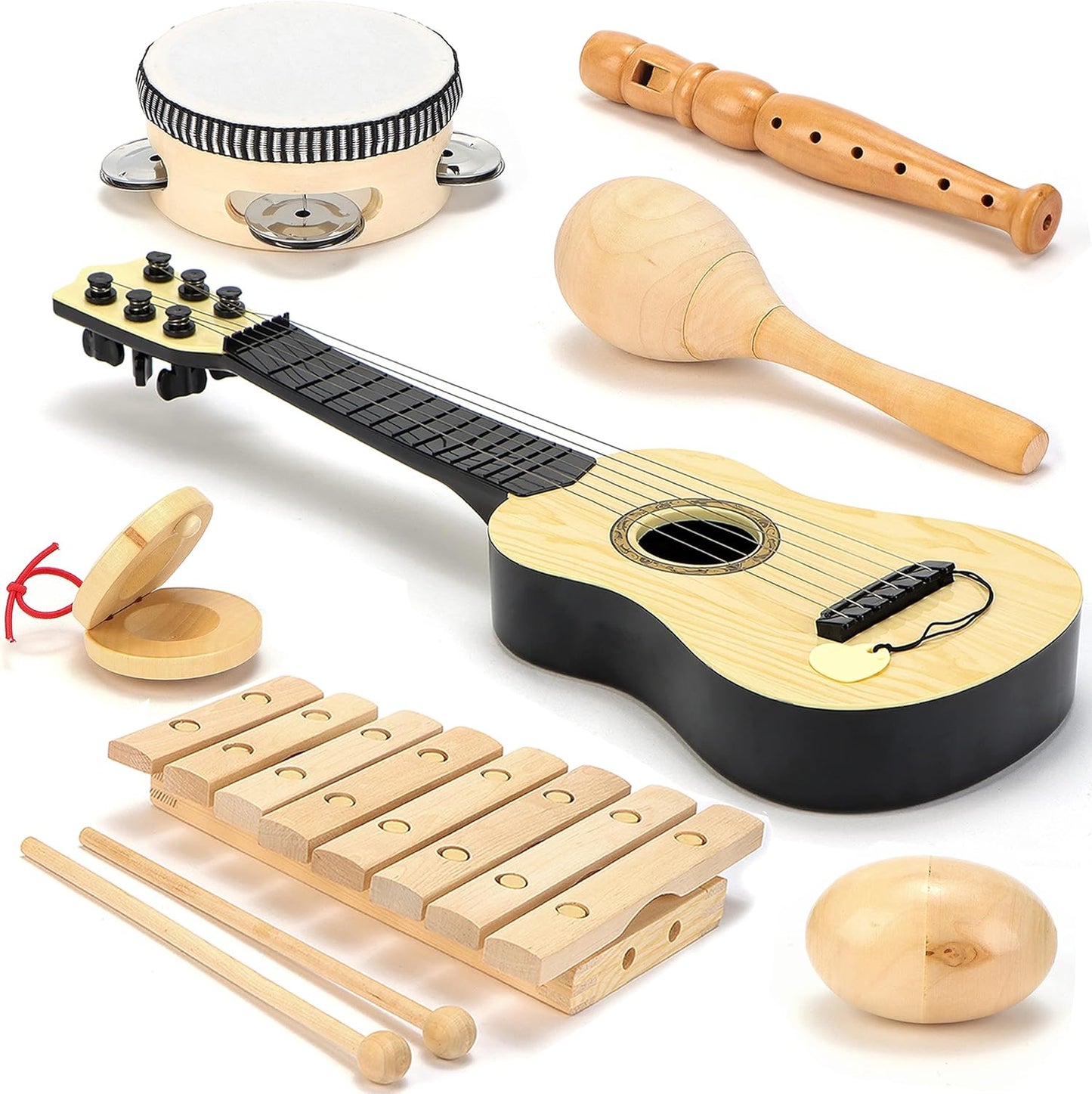 Natural Wood Musical Toys for Toddlers 1-3, Kids Musical Instruments set of 7 items Kids Guitar Egg shakers Flute Instruments Maracas Baby Xylophone Tambourine Castanets, Toddler learning Toys Experts