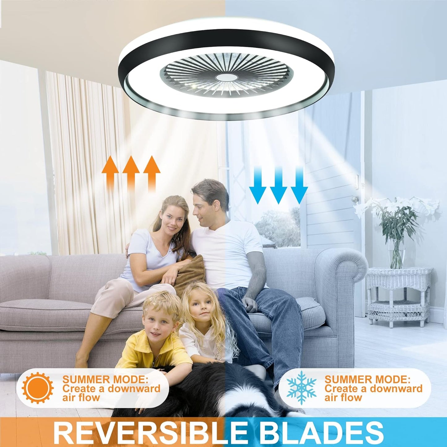 24" Bladeless Ceiling Fan with Light Remote, Smart LED Ceiling Fans with App Control, Modern Low Profile Dimmable Light Ceiling Fan for Bedroom Living Room Black