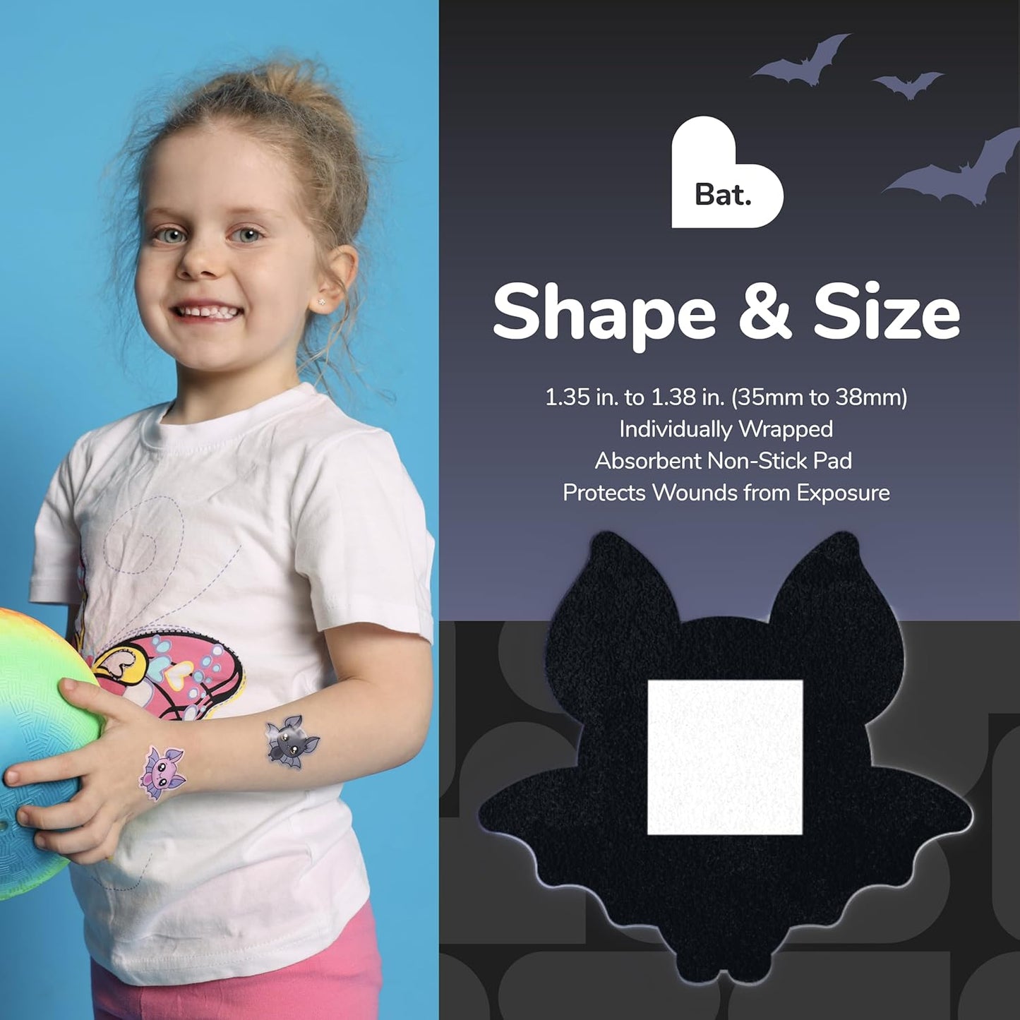 BioSwiss Bandages, Halloween Bat Shaped Self Adhesive Bandage, Latex Free Sterile Wound Care, Fun First Aid Kit Supplies for Kids, 50 Count