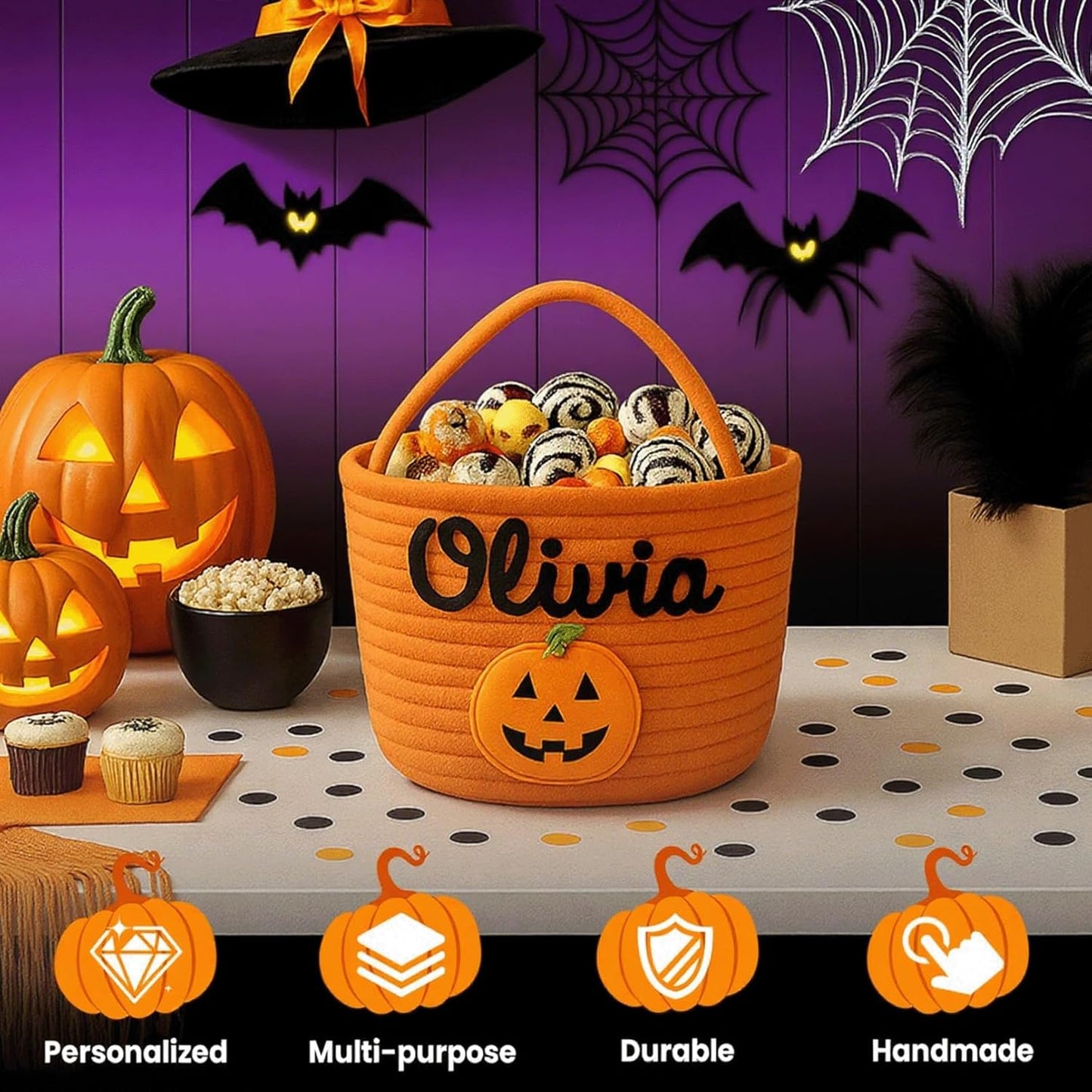 Custom Halloween Candy Basket with Name – Personalized Trick or Treat Bag for Kids, Woven Pumpkin or Ghost Bucket, Cute Halloween Tote for Boys & Girls