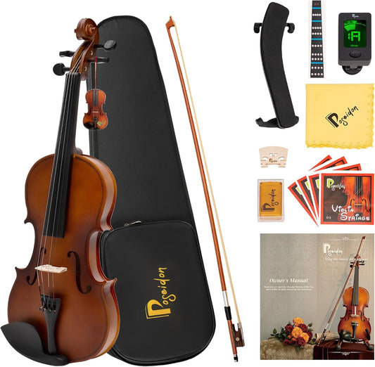 Poseidon 3/4 Violin Set for Beginner - Premium Handcraft Violin for Kids Adults with Hard Case, Bow, Rosin, Extra Violin Strings 3/4 Full Set, Shoulder Rest, Clip-on Tuners - Matte Brown