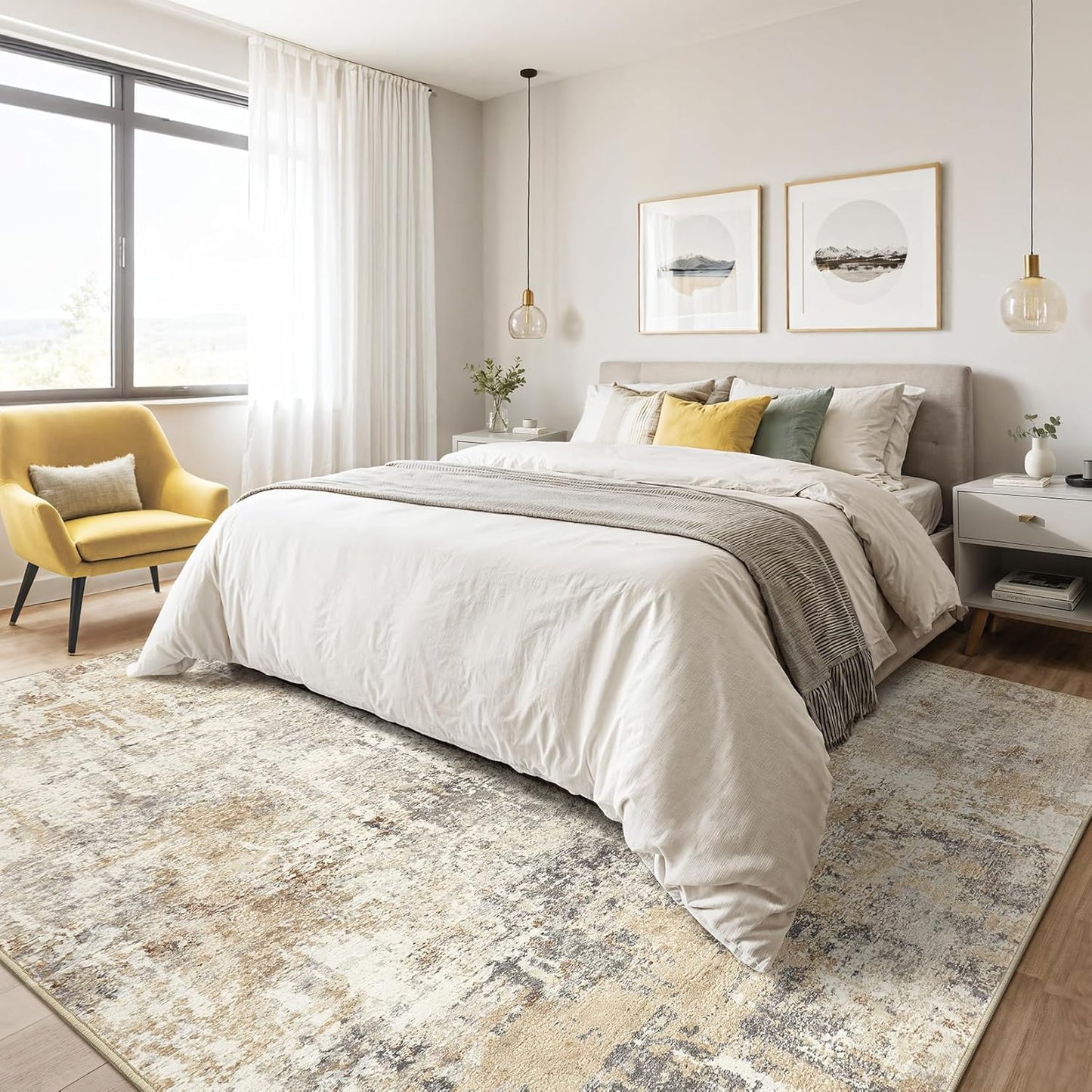 7x9 Area Rug Living Room: Machine Washable Large Abstract Modern Soft Rugs Stain Resistant Indoor Floor Non Slip Accent Carpet for Bedroom Nursery Playroom Office Dining Room Dorm Home- Gray Gold