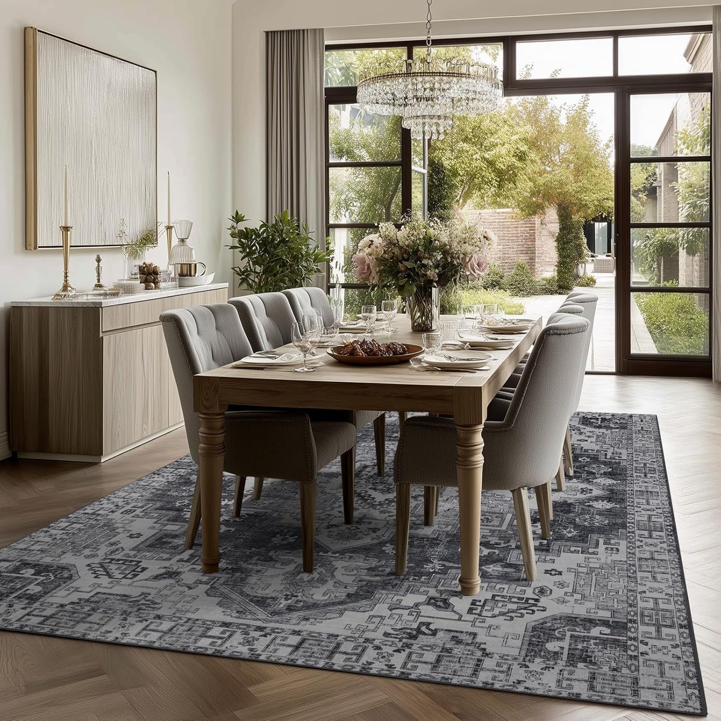 Washable Area Rugs 8x10, Large Rugs for Living Room, Carpet for Bedroom, Soft Faux Wool Retro Dining Room Rug, Non-Slip Backing Resistant Low Pile Vintage Print Rug for Home Office (Medium Gray)