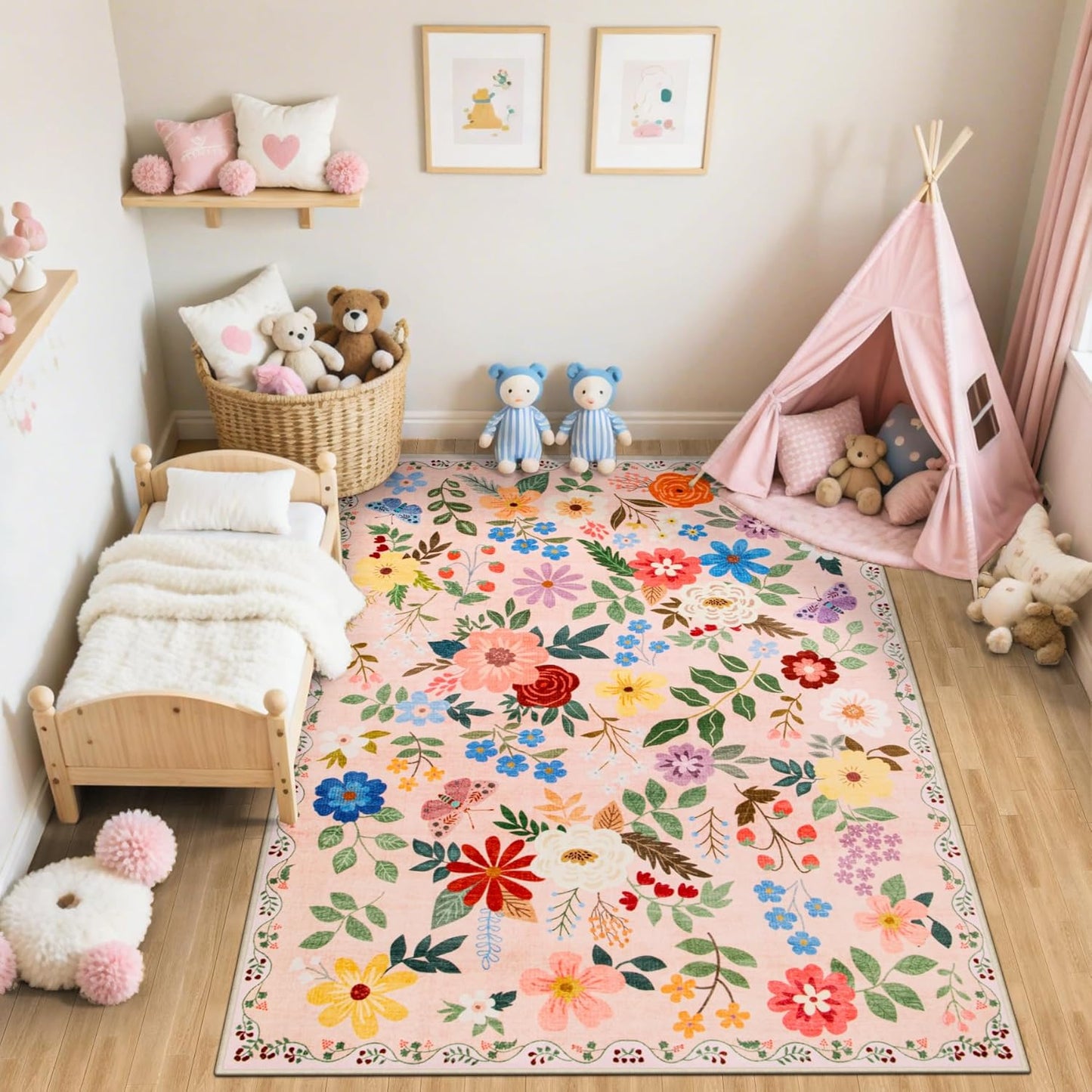 Area Rug Living Room Rugs: Floral 5x7 Washable Rug Vintage Soft Boho Non-Slip Carpet Indoor Floor Stain Resistant Large Carpets for Bedroom Dining Room Farmhouse Nursery Hallway Home Office Beige