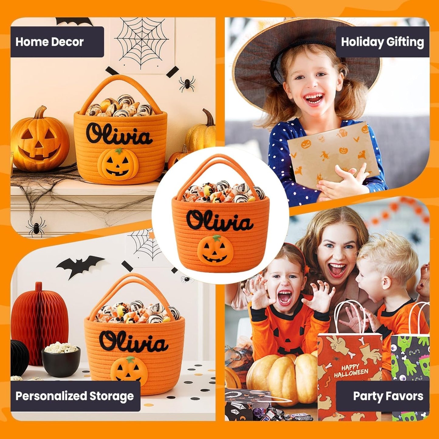 Custom Halloween Candy Basket with Name – Personalized Trick or Treat Bag for Kids, Woven Pumpkin or Ghost Bucket, Cute Halloween Tote for Boys & Girls