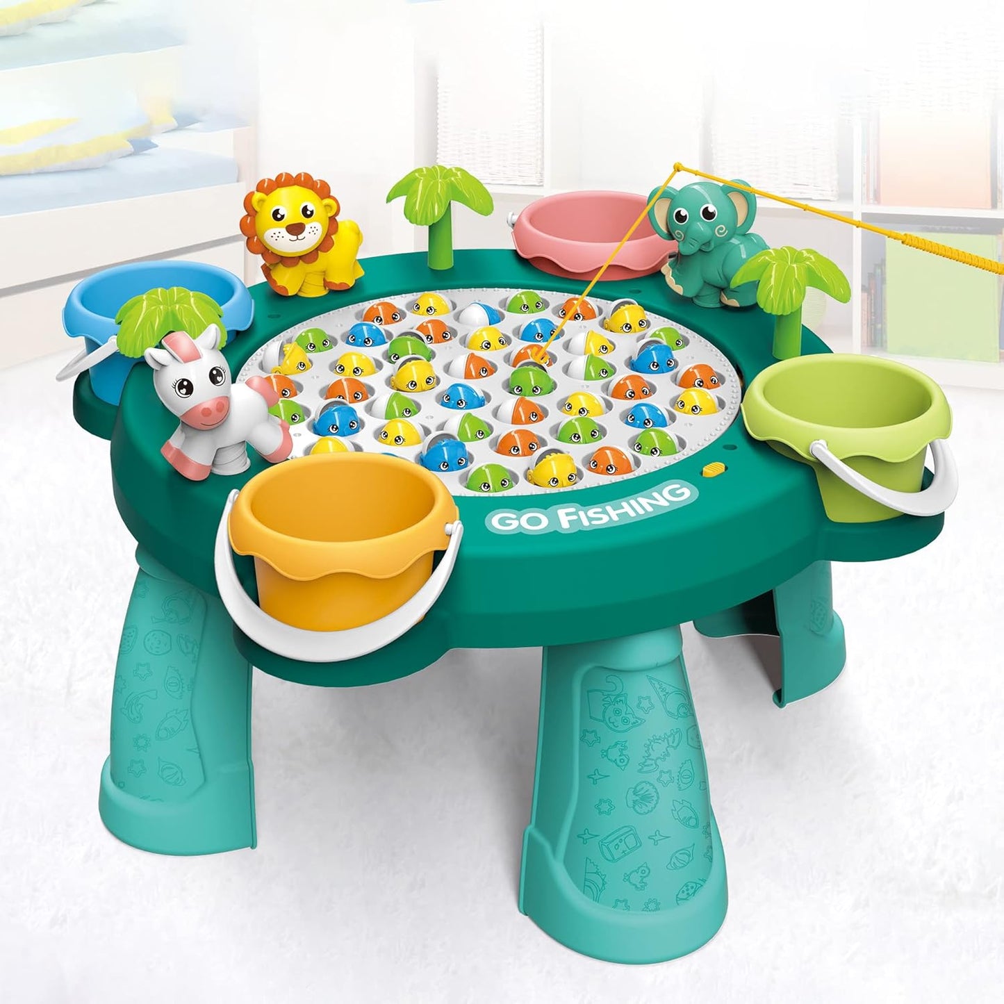 Fishing Game Toy Set, Kids Play Table w/Rotating Board, 45 Fishes & 4 Fishing Poles, Gifts for Children, Boys & Girls Aged 3 4 5 6+ (Upgraded Ver.)