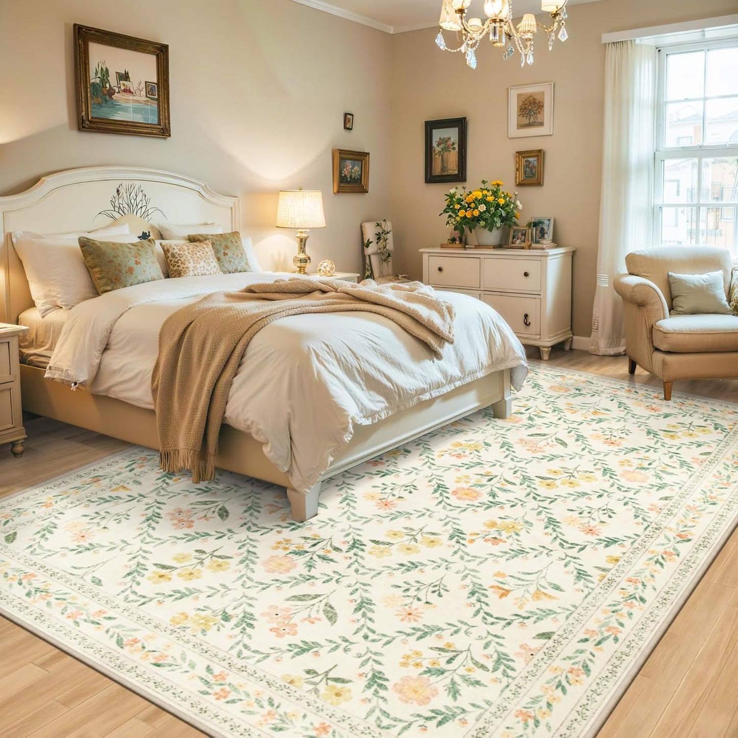 Area Rug Living Room Rugs: Floral 5x7 Washable Rug Vintage Soft Boho Non-Slip Carpet Indoor Stain Resistant Large Carpets for Bedroom Dining Room Farmhouse Nursery Hallway Home Office Beige/Multi