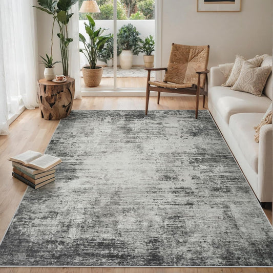 Washable Rug 6x9 Area Rugs, Abstract Washable Rugs with Non-Slip Backing, Stain Resistant Indoor Floor Carpet for Bedroom Dining Room Table Nursery Hallway Home Office-Black/Gray
