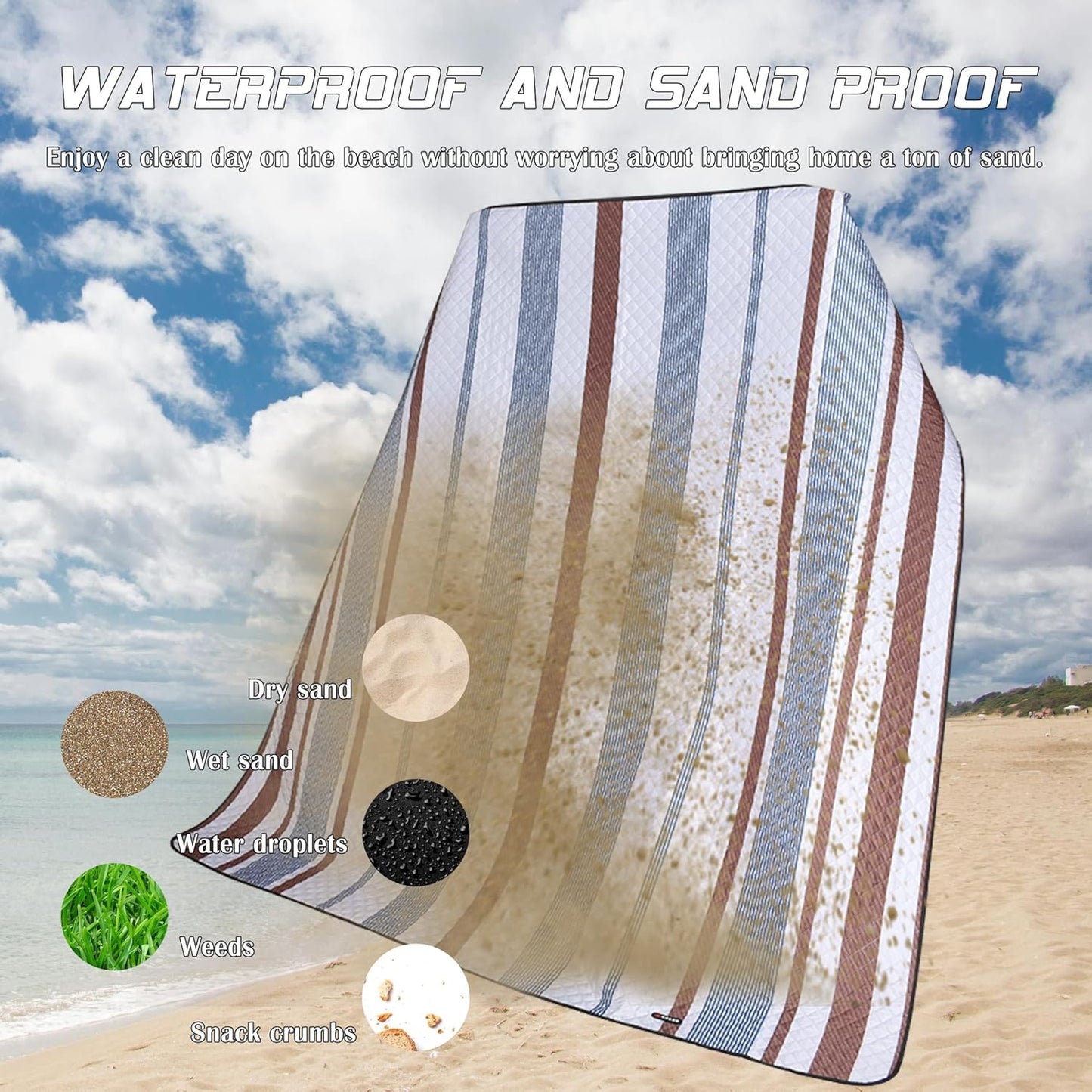 Waterproof Picnic Mat, Outdoor Camping Oversized Field Blanket. Portable Thickened Camping Blanket, Suitable for Beach, Camping, Music Festival, Party, Outdoor Adventure. (Brown&Blue&White, 80”x80”)