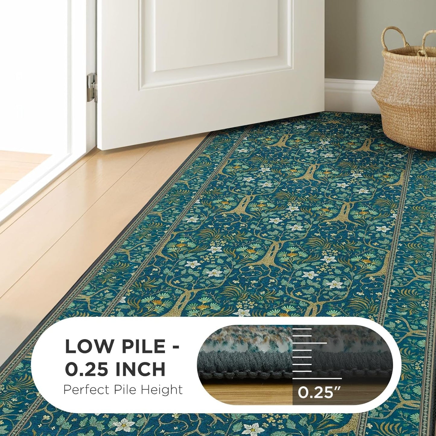 Joydeco Washable 2x6 Rug Runners for Hallways Non Slip, Boho Floral Bathroom Rug Runner, Soft Botanical Forest Indoor Floor Throw Carpet for Kitchen Laundry Room Entryway, Dark Blue