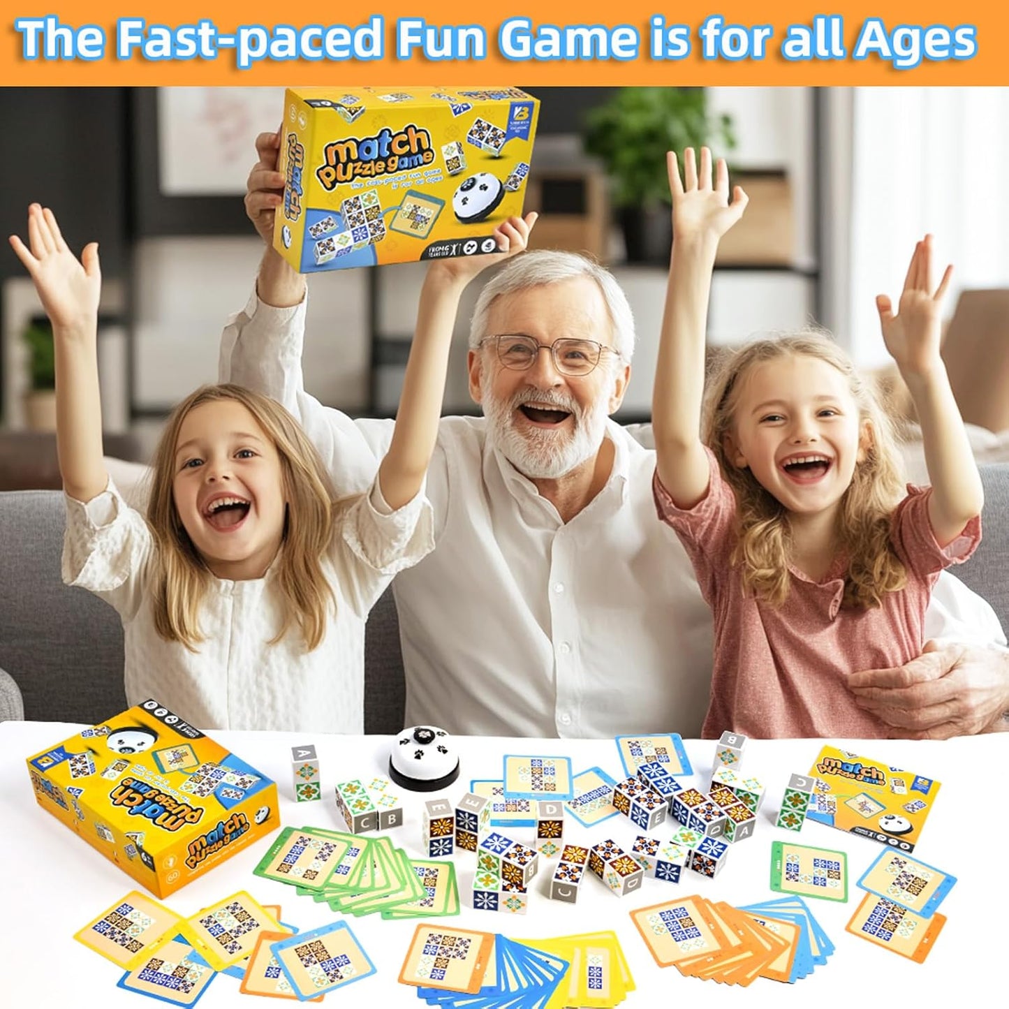 Wooden Matching Game Puzzle Games, Pattern Block Match Puzzles Building Cubes with Bell for Kids and Adults Toys Board Games for Family Night