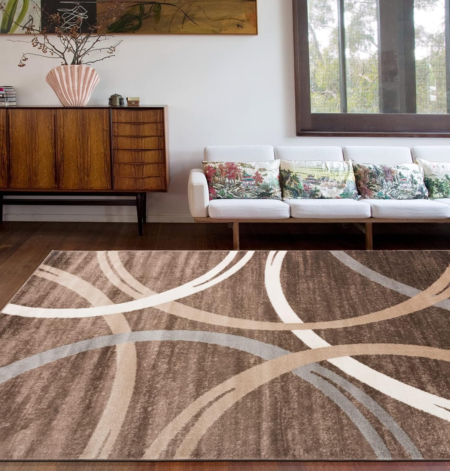 Rugshop Modern Wavy Circles Design Area Rug 7' 10" x 10'2" Brown