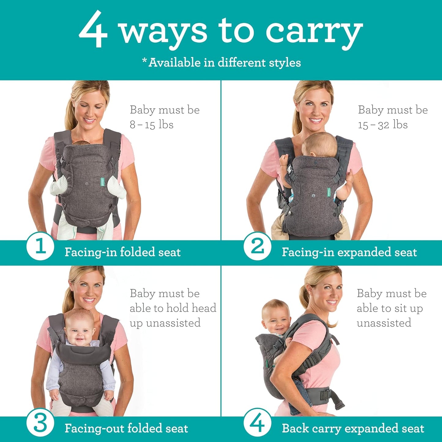 Infantino Flip 4-in-1 Convertible Baby Carrier & Crossbody Diaper Bag - Grow-with-Me Carrier with Attachable Crossbody Diaper Bag, Black and Gold, 2-Piece Set