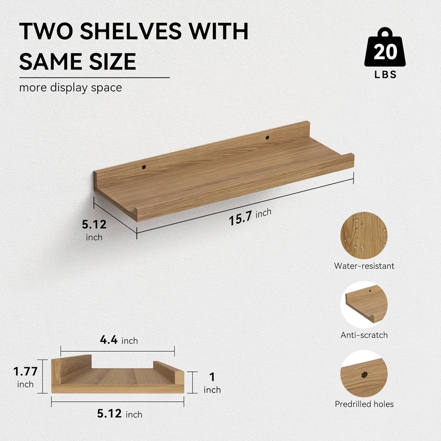 Floating Shelves Wall Mounted Set of 2, Modern Wall Shelves for Storage with Lip, Display Picture Ledge Shelf for Wall Decor Bedroom Living Room Bathroom Kitchen - Oak