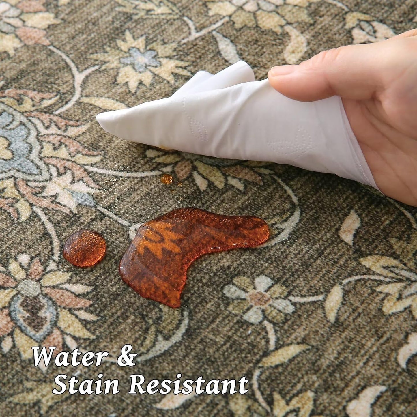 Washable 4x6 Rugs for Living Room, Boho Non-Slip Silicone Backing Small Rugs for Bedroom Nursery Office, 0.3" Neutral Oriental Throw Carpet with 0.16" Cushioning Pad, Flaxen/Multi