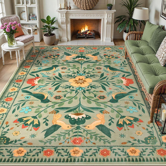 Moynesa Area Rugs 9x12 Living Room Washable, Ultra Thin Soft Boho Bird Bedroom Rug Easy Clean, Low Pile Indoor Multi Color Large Sage Green Carpet for Dining Room Kid Playroom Nursery