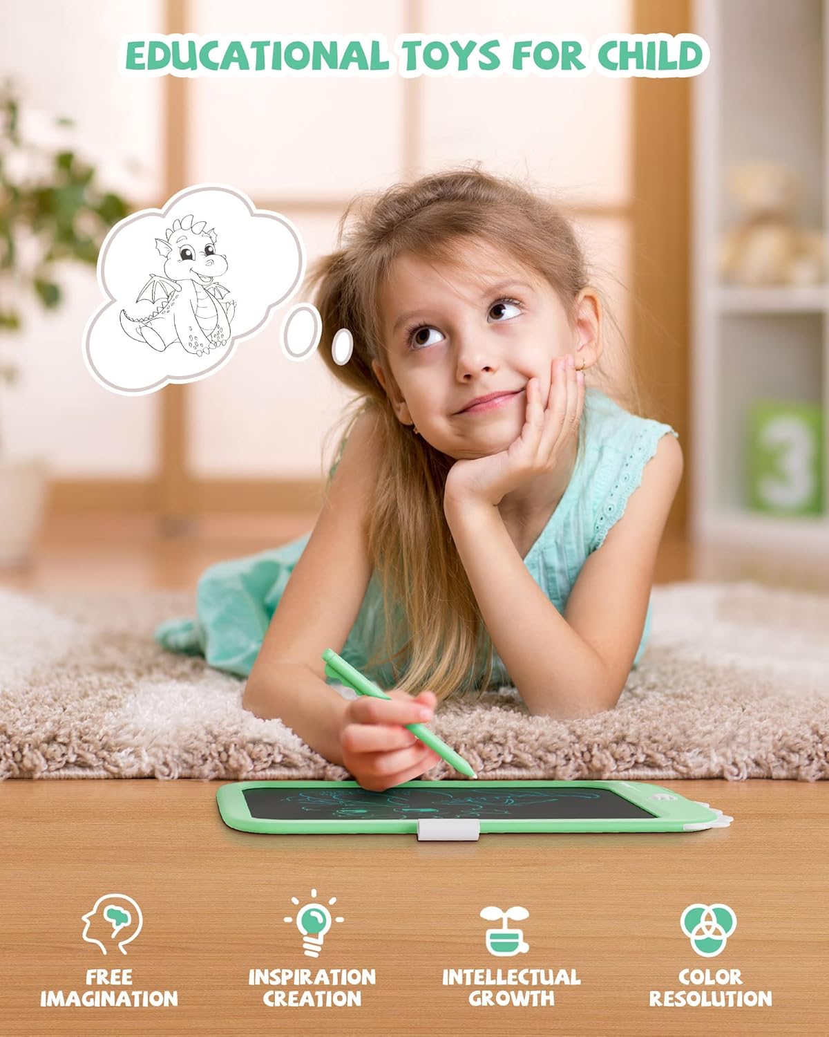TEKFUN Toddler Boy Toys, LCD Writing Tablet for Kids, Doodle Board Dinosaur Toys, Travel Essentials Toys for 3 4 5 6 Year Old Boys Girls, Easter Birthday Christmas Gifts (10inch Green)