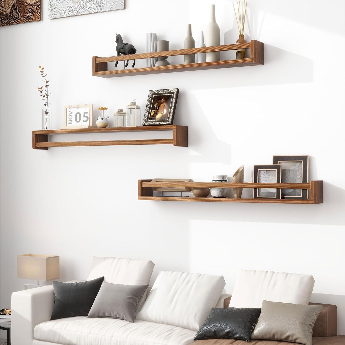 Fun Memories Nursery Book Shelves - Rustic Natural Solid Wood Floating Bookshelf for Kids - Wall Book Shelves for Kids Room (Carbonized, 32inch - 4P)